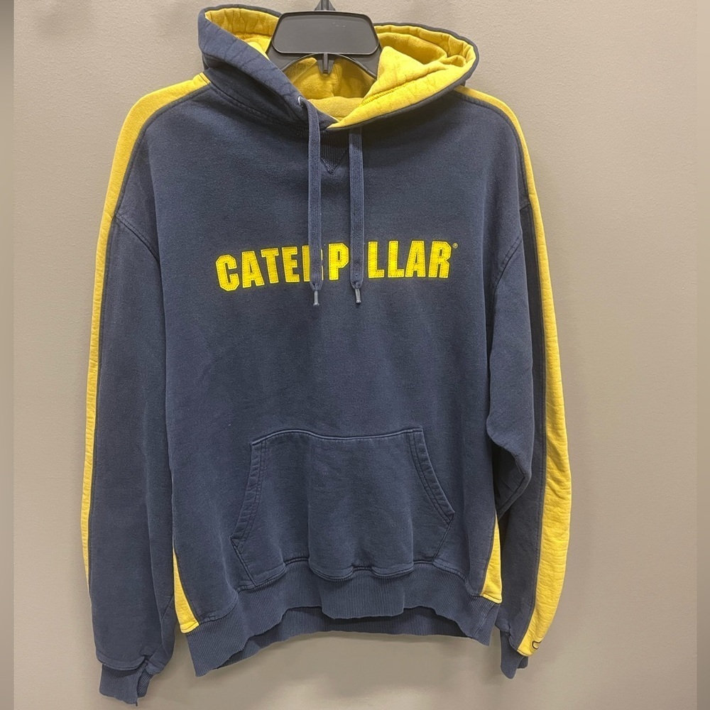 Vintage  Caterpillar Champion Men's Navy and Yellow Hoodie